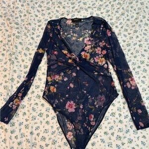 Forever 21 Navy sheer Floral Bodysuit 1X